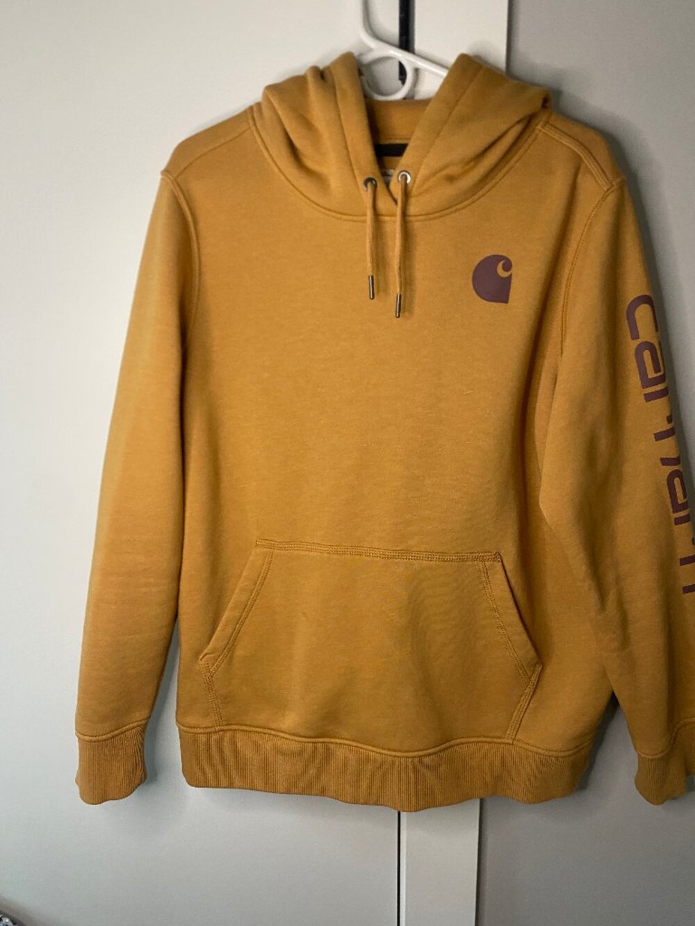 Carhartt Relaxed Fit Logo Sleeve Hoodie XL Mustard Yellow Purple Pullover